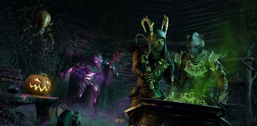 Fantasy characters brewing a potion in a dark setting with eerie decor